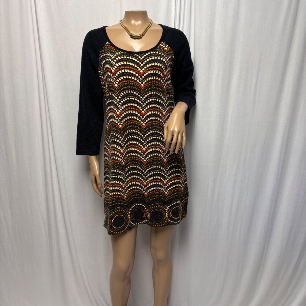 Aryeh Multicolor Knit Dress Short Womens Small Black Sleeves Artsy Playful NEW